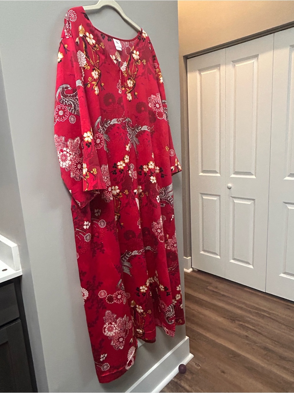 Natori Floral Half Zip Caftan Red 2X - Picture 3 of 15